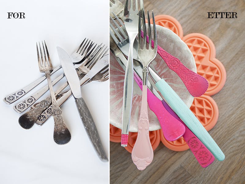 Dekorer gammelt bestikk ved å spraylakkere deler av det i friske farger Dekorer gammelt bestikk ved å spraylakkere deler av det i friske farger